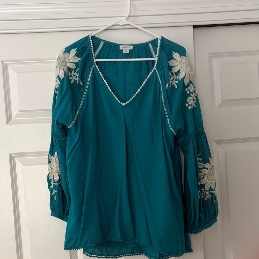 Sundance Teal Blouse with White Embroidery